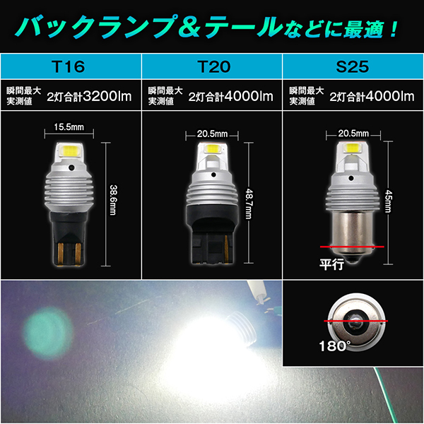 加工無しで100%取付可 LED バックランプ T16 T20 S25 2個セット 瞬間